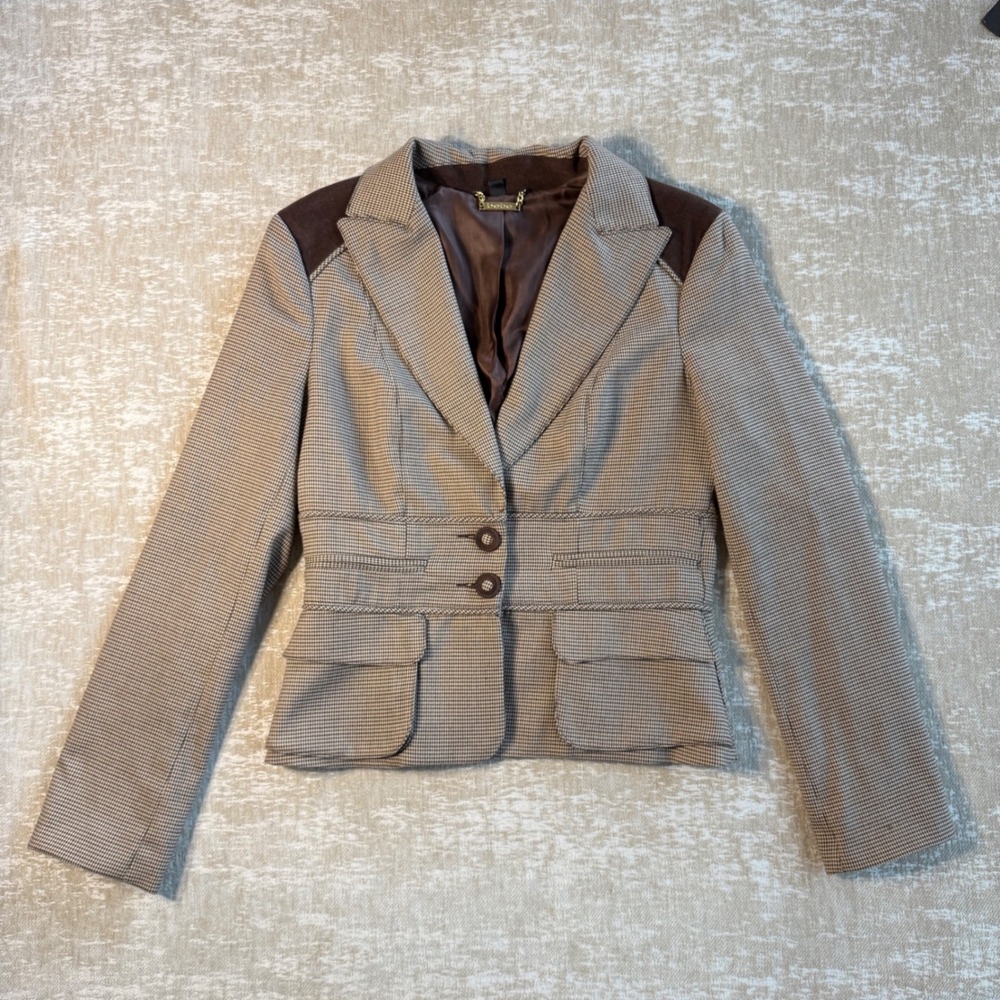 Bebe Houndstooth Blazer Brown Tan Corduroy Patch Peplum Jacket